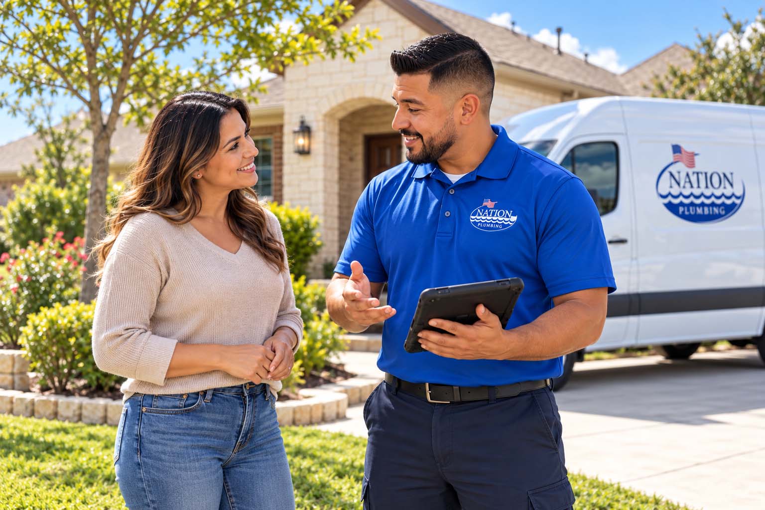 What Should Never Go Down a Garbage Disposal? Friendly Plumber on a Sunny Texas Walkway copy