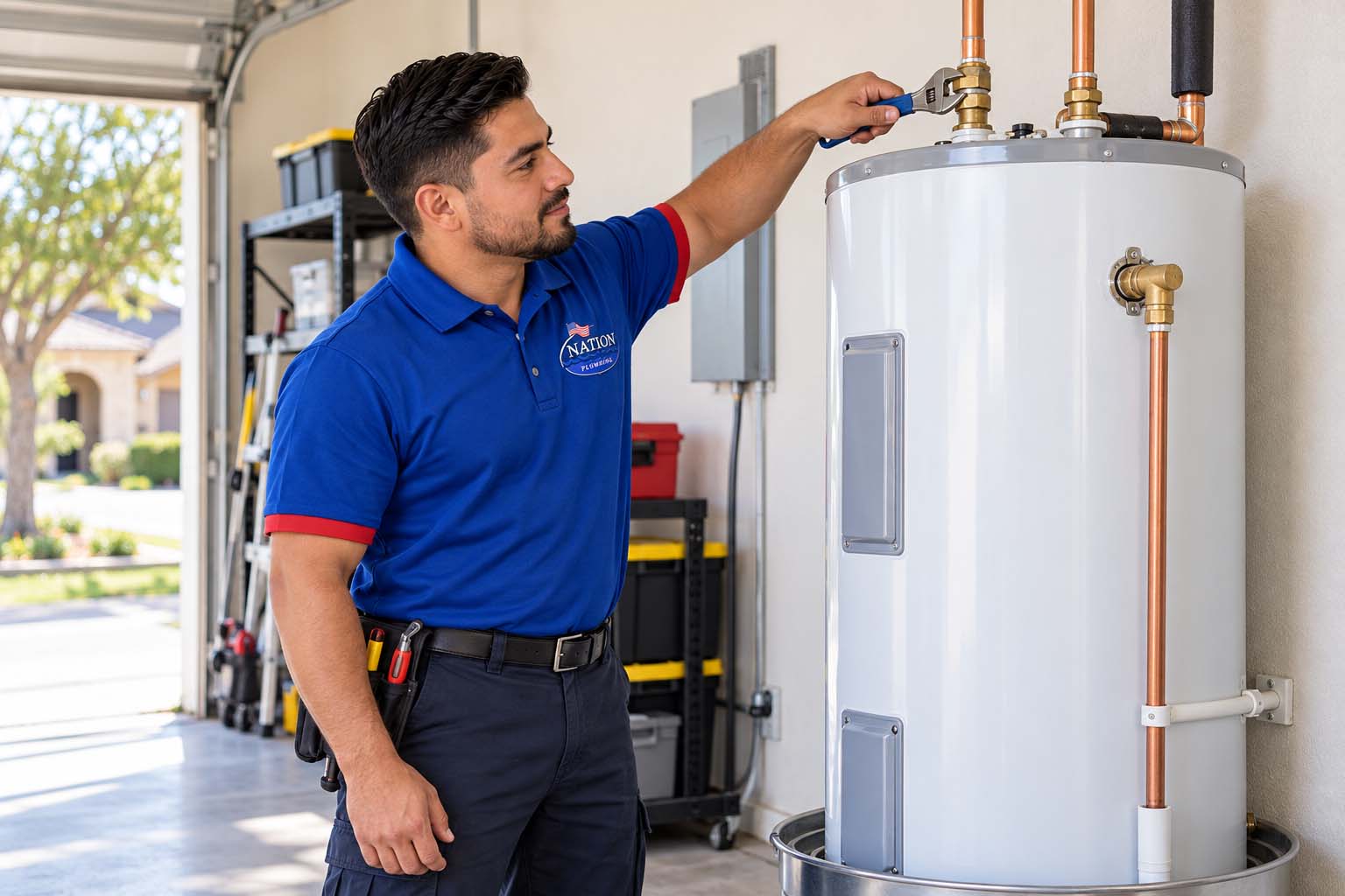 Water Heater Repair or Replacement: How Do You Decide? Plumber inspecting an electric water heater copy